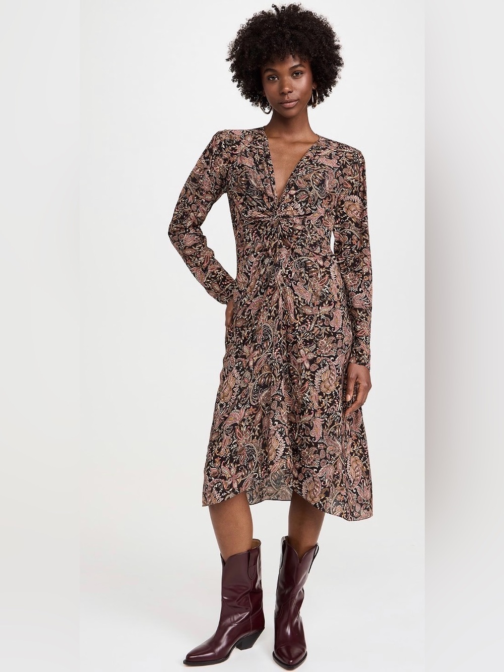 Twist-Front Long Sleeve Paisley Midi Dress - Pink on Black